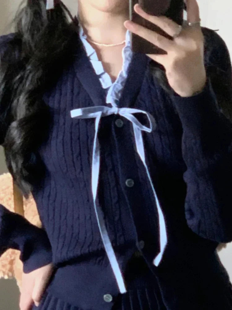 Vintage High Street V-neck 2-piece Set Women Korean Fashion Long Sleeve Knit Bow Pullover Female + Thin Solid Short Skirt Suit