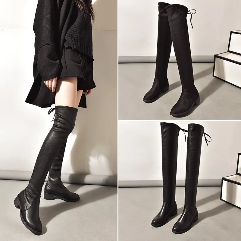 2023 Long Leather Boots Women's Over-the-knee Skinny Boots  Autumn and Winter New Long-tube High-heeled Stretch Boots