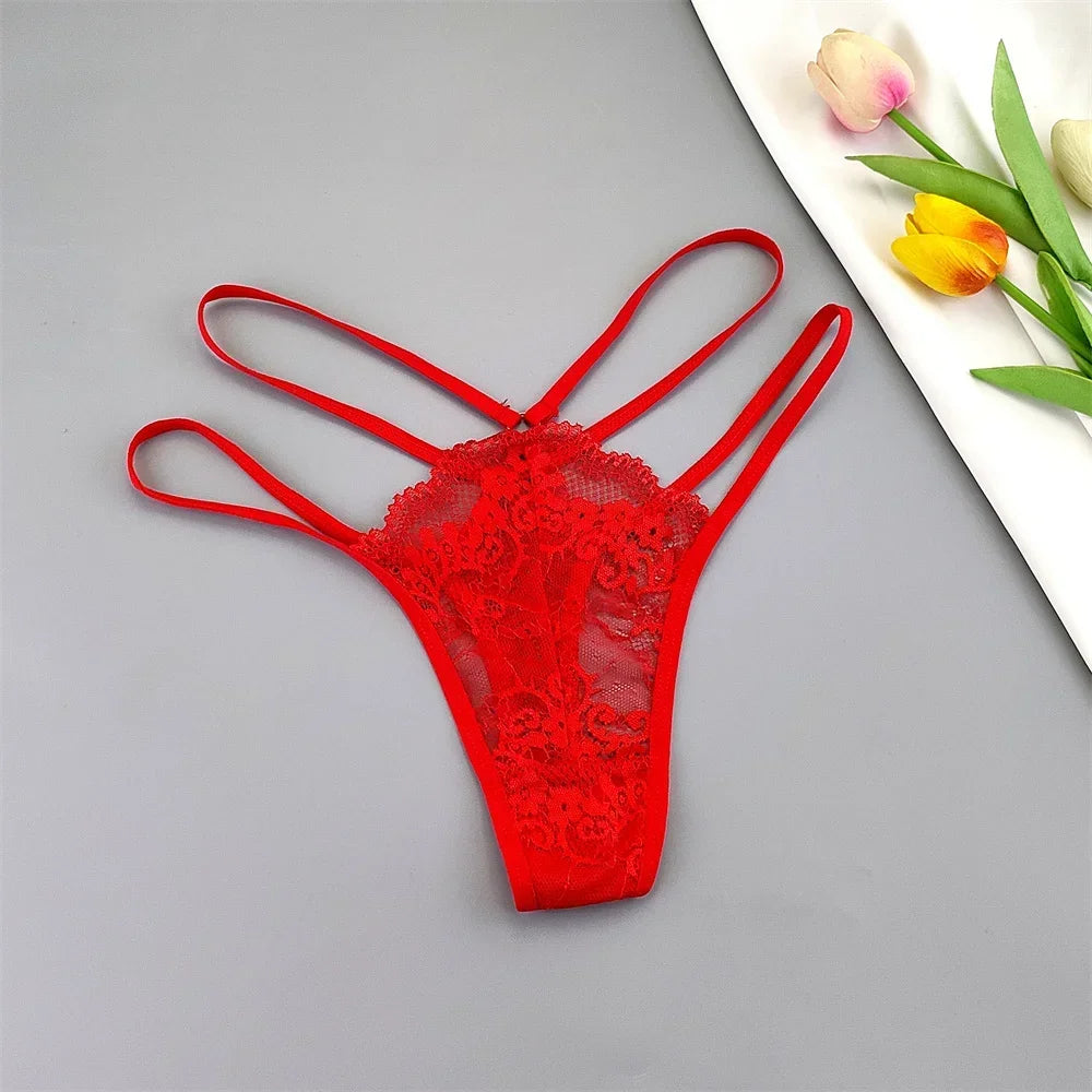 3 Pcs Lace Thin Strap Thong Women Low Waist Sexy Perspective Underwear Ladies Transparent G-string Panty Plus Size T-back
