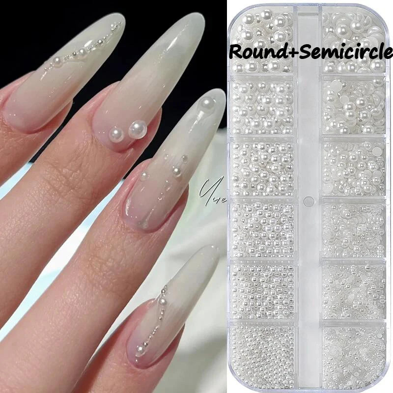 12 Grids Mixed White Pearl Nail Charms 3D Round/Semicircle Pearl Beads Nail Art Rhinestones Manicure Accessories DIY Parts Y7%6K