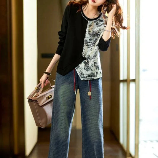 Temperament Splicing Jacquard Sweatshirts Women's High Street Autumn 2023 New Elegant Casual Style Vintage All-match Pullovers