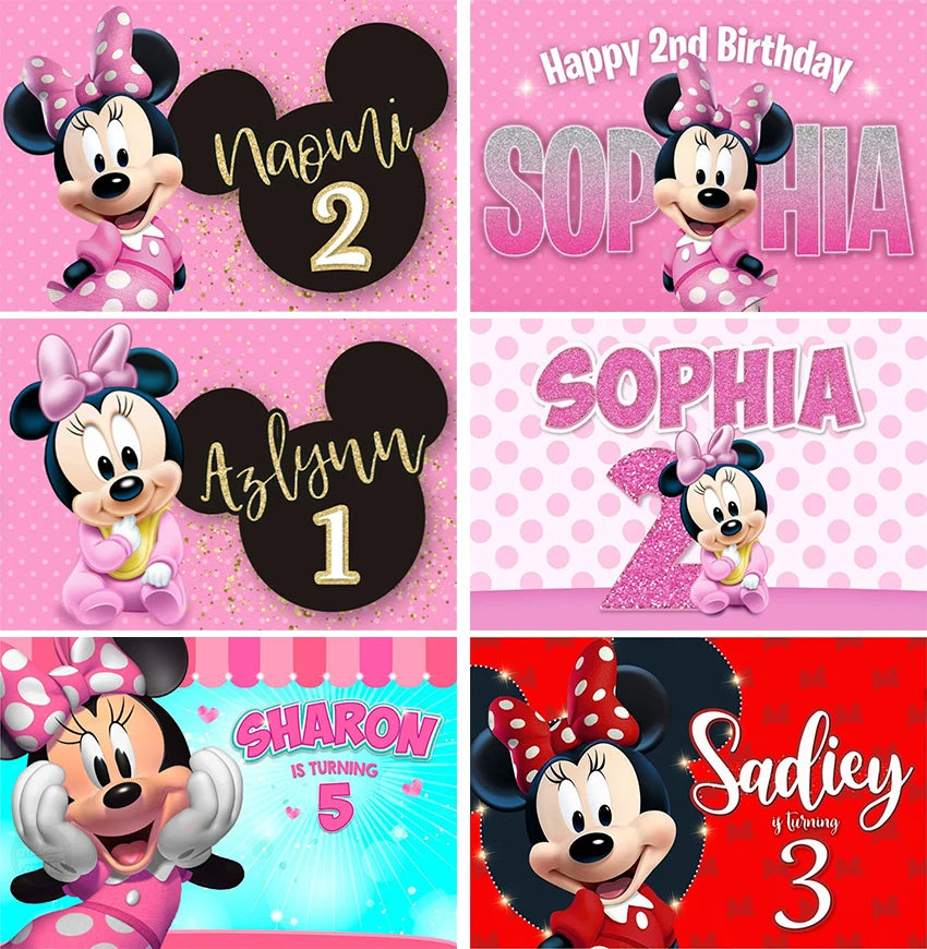 Custom Mickey Minnie or Mouse Backdrop Glitter Bow Baby Shower Girls Happy Birthday Party Photo Background Booths Studio Props