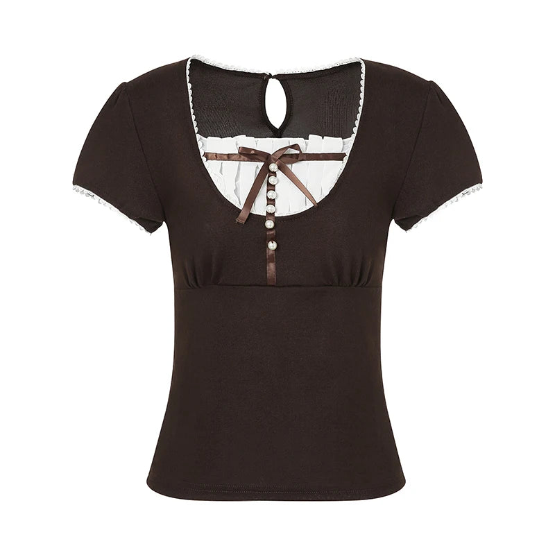 Lamuusaa y2k Coquette Tops Women Grunge Bow Ruffle Patchwork Square Neck Short Sleeve Tshirt 2000s Aesthetic Clothing Streetwear