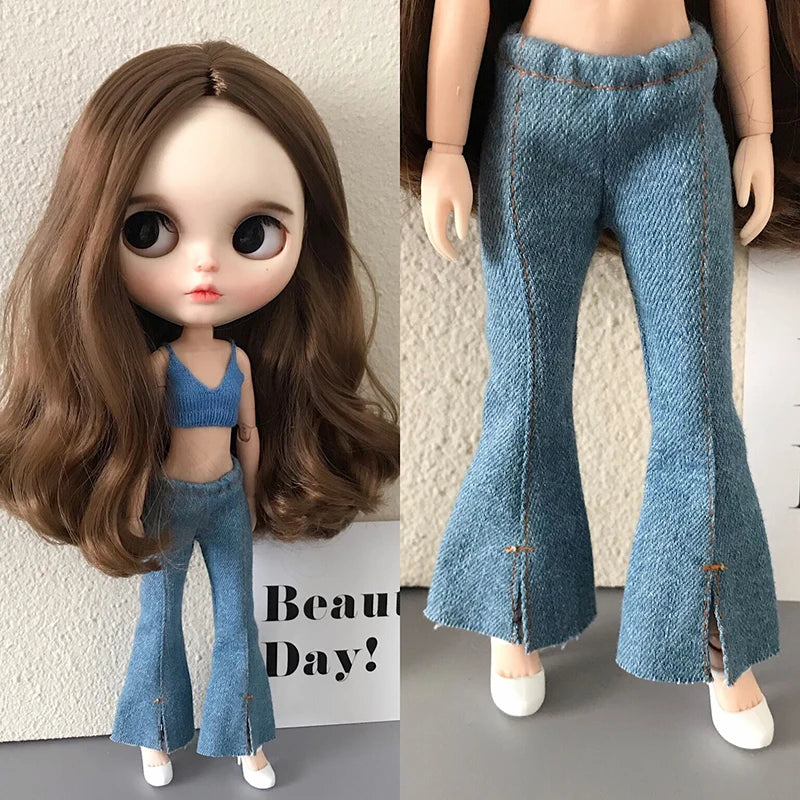 1Pcs Blythe Doll Jeans Blue Flared Pants Slacks Retro Denim Casual Sweatpants for Blyth Barbie Licca Pullip 1/6 Dolls Clothes