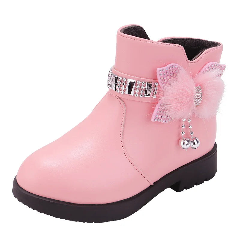 Winter New Children's Shoes Girl Mid Length Warm Leather Boots Baby Bow Cute  Plush Student  Cotton Boots