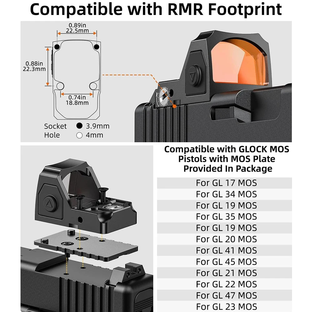 RMR Red Dot Sight Motion Awake 2 MOA Red Dot Scope Hunting Riflescope Optical Sight with Adapter Plate for MOS and 21mm Rail