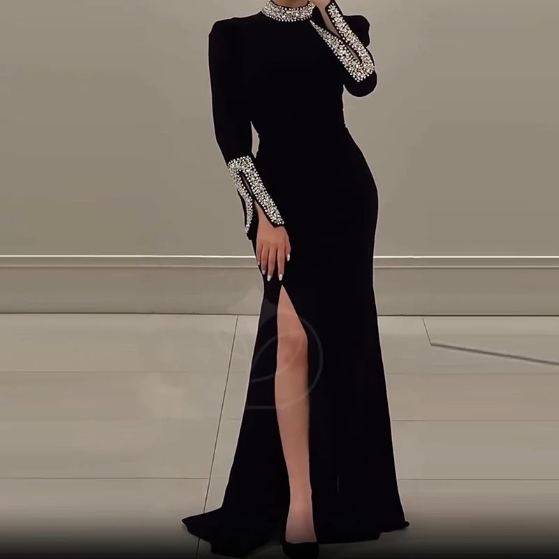 Luxury Elegant Slim Rhinestone Evening Dress 2025 New Women's Temperament Split Long Robe Sexy Bodycon Long Sleeve Banquet Dress