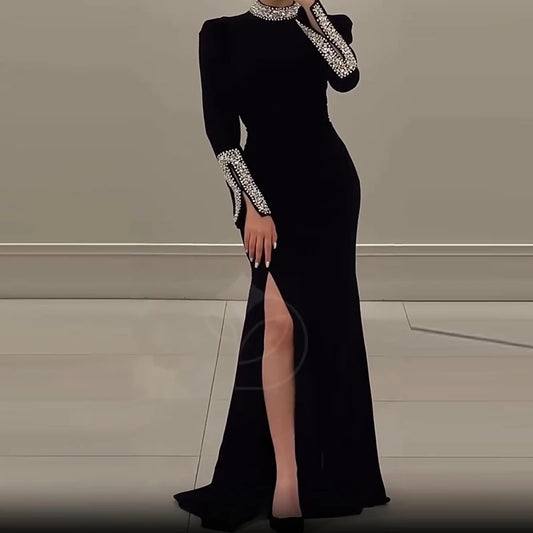 Luxury Elegant Slim Rhinestone Evening Dress 2025 New Women's Temperament Split Long Robe Sexy Bodycon Long Sleeve Banquet Dress