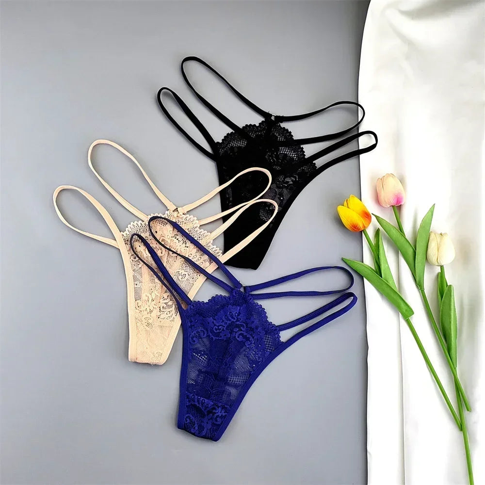 3 Pcs Lace Thin Strap Thong Women Low Waist Sexy Perspective Underwear Ladies Transparent G-string Panty Plus Size T-back