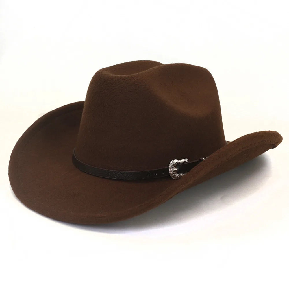 Vintage Western Cowboy Hat with Black Belt Men's Felt Fedora Hat Women Jazz Cowgirl Cap Cloche Church Sombrero Hombre Caps