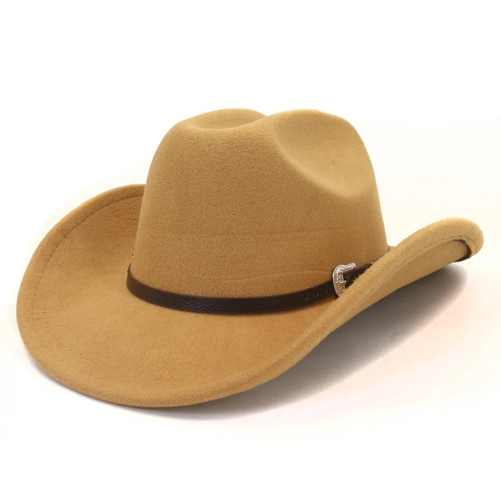 Vintage Western Cowboy Hat with Black Belt Men's Felt Fedora Hat Women Jazz Cowgirl Cap Cloche Church Sombrero Hombre Caps