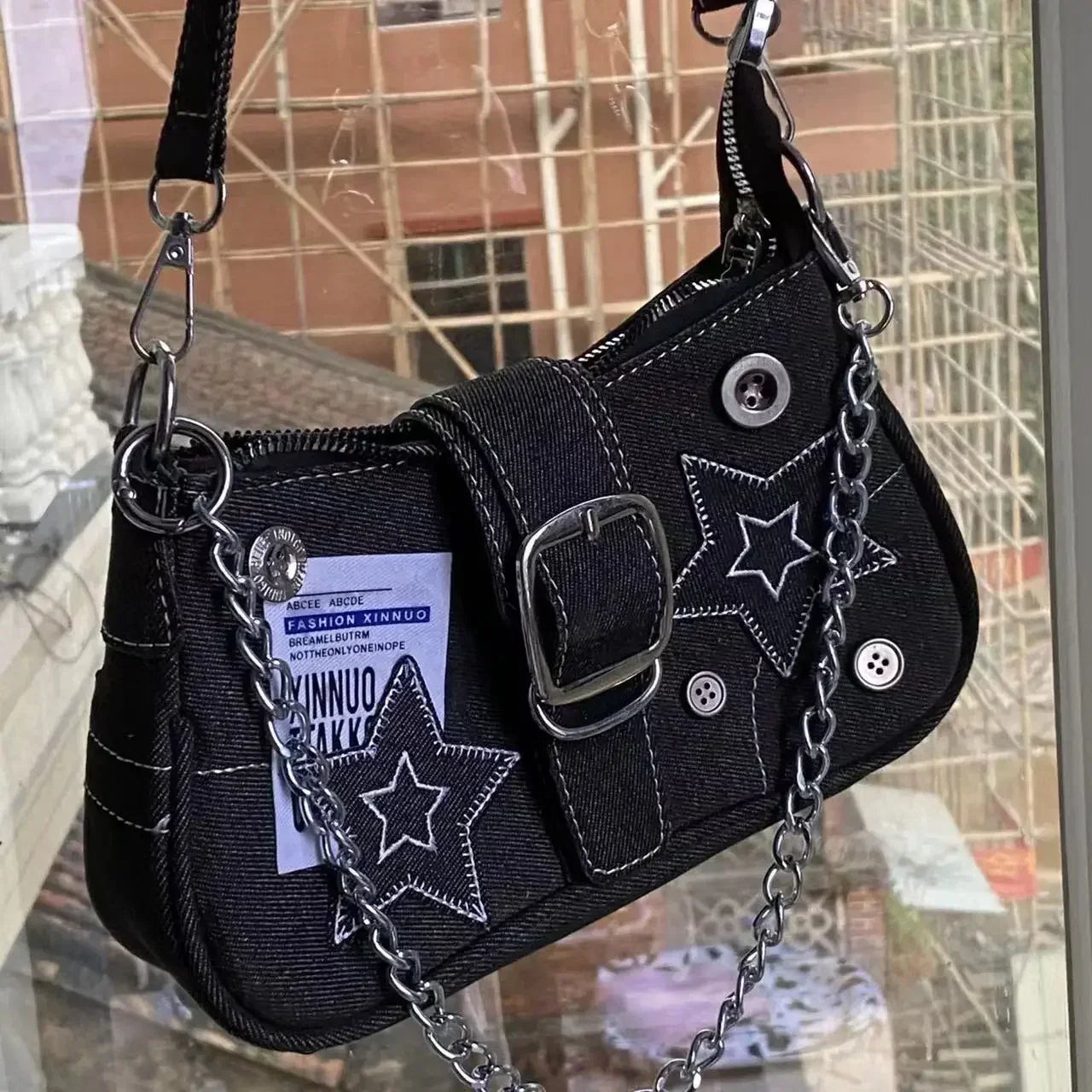 Y2k Fashion Women's Handbags Stars Pattern Cool Girls Underarm Bag Fashion Canvas Female Small Shoulder Bags Chain Tote Purses