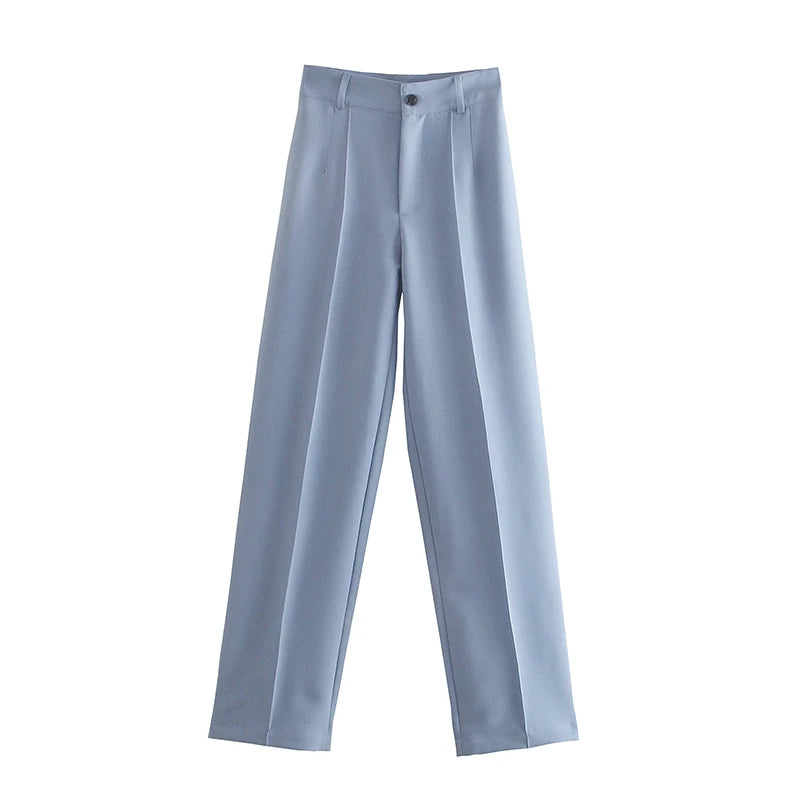 TRAF Women Chic Fashion Office Wear Straight Pants Vintage High Waist Zipper Fly Female Trousers Mujer