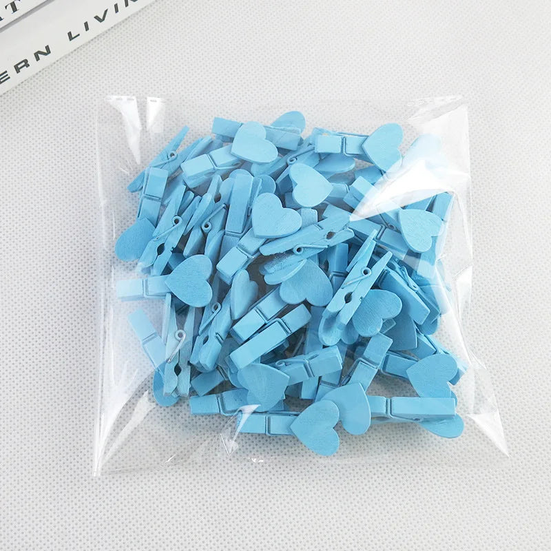 50pcs Heart Pink Blue Wooden Photo Clips Memo Paper Peg Clothespin Stationery Clips Office Party Decoration Accessories 35*7mm