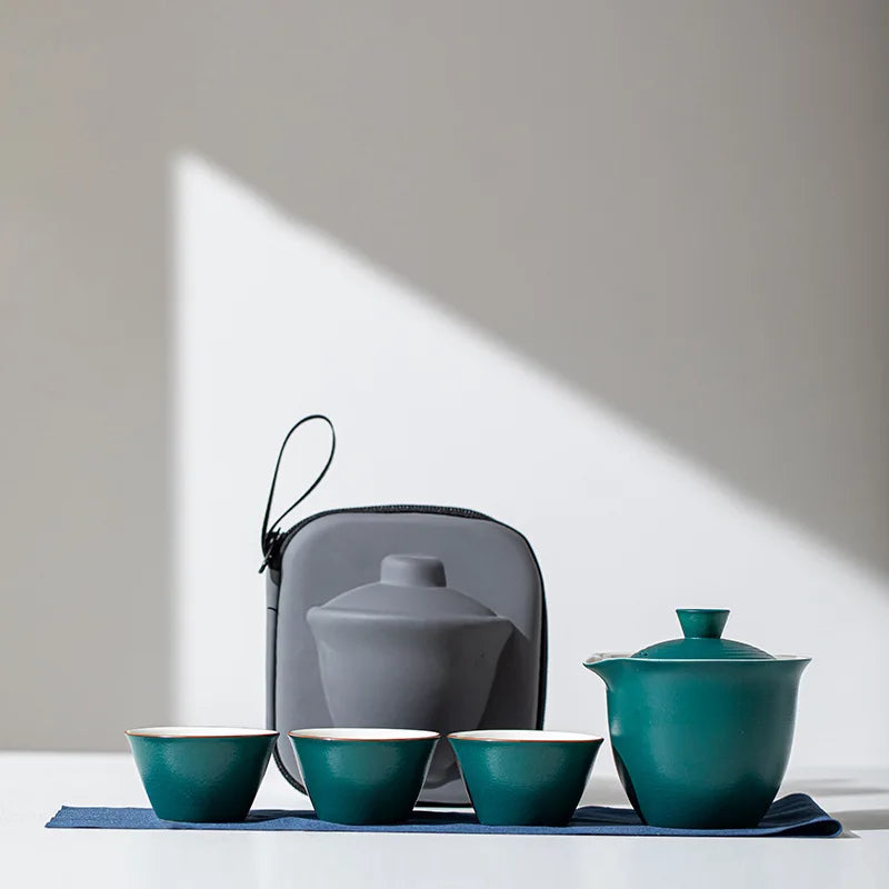 1 Set Portable Teacup Set Travel Kit Ceramic Kung Fu Teaware Ceramic Outdoor Camping Adults Chinese One Tea Pot Three Cups Gift