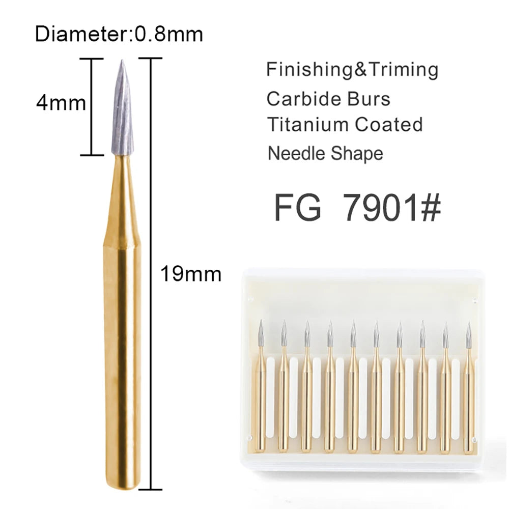 10pcs AZDENT Dental Burs Tungsten Carbide Drill For High Speed Handpiece Trimming & Finishing FG7901/FG7902/FG7406/FG7408/FG7114