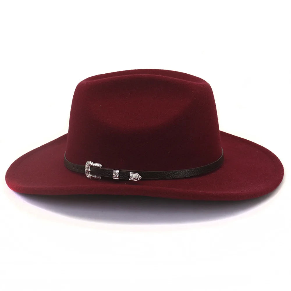 Vintage Western Cowboy Hat with Black Belt Men's Felt Fedora Hat Women Jazz Cowgirl Cap Cloche Church Sombrero Hombre Caps