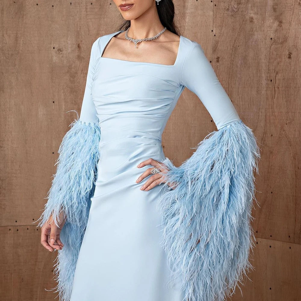 Elegant Feathers Light Blue Evening Dress Luxury Long Sleeve Floor Length Sweep Train Special Occasion Prom Dress Chic Gowns