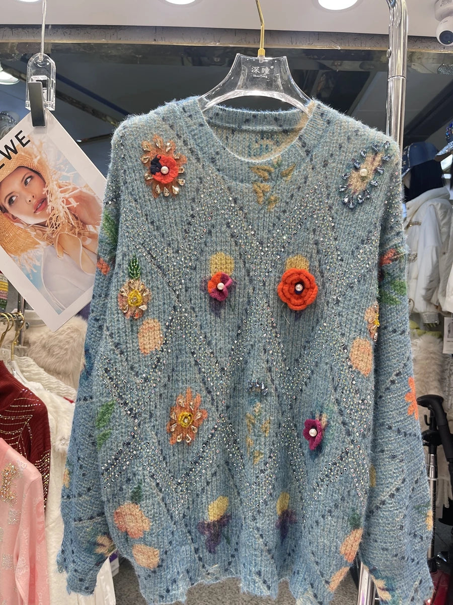Luxury Style Blingbling Women's Sweater Autumn Winter Diamonds Embroidery Flowers Printed Outwears Knitted Pullovers Tops