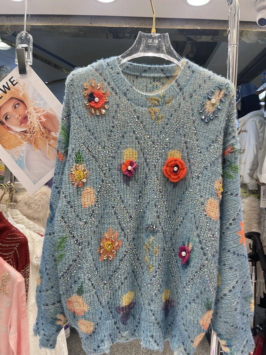 Luxury Style Blingbling Women's Sweater Autumn Winter Diamonds Embroidery Flowers Printed Outwears Knitted Pullovers Tops