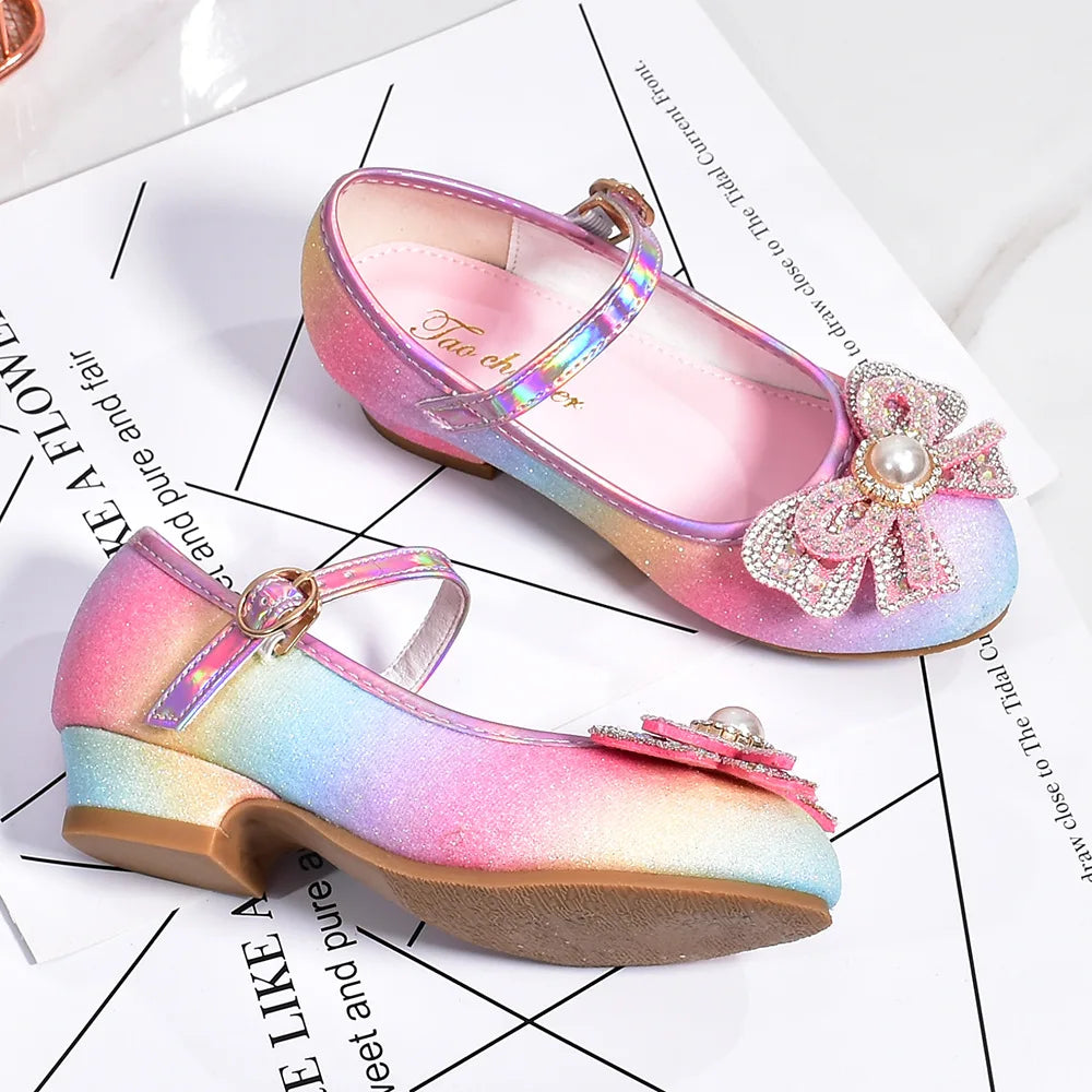 Girls' Leather Princess Shoes 2023 Children's Shoes Round-Toe Soft-Sole Girls High Heel Princess Crystal Party Dance Shoes