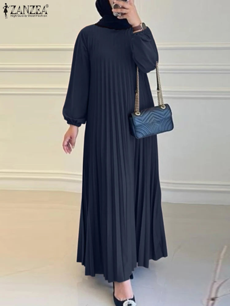 Women Autumn Maxi Dress Muslim Dubai Abaya Hijab Vestidos 2024 ZANZEA Fashion Long Sleeve Pleated Sundress Robe IsIamic Clothing