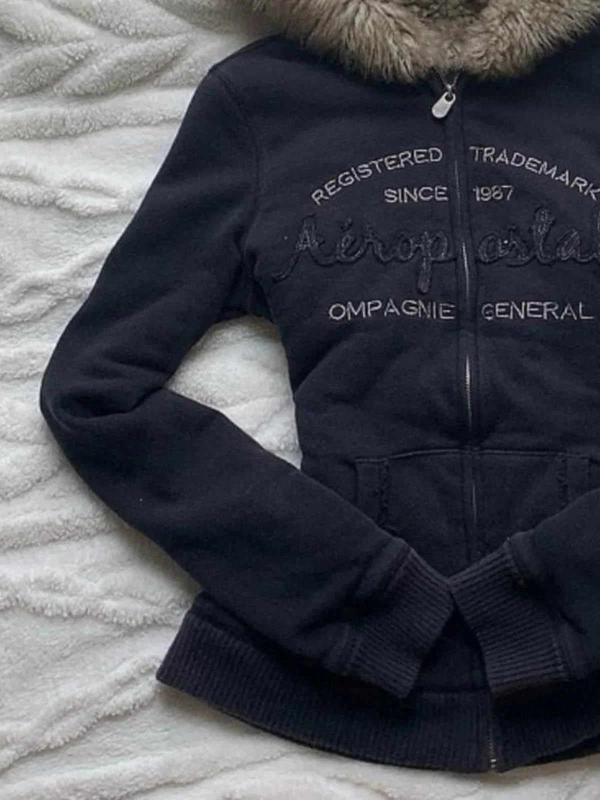 Retro Fur Collar Letter Embroidered Black Zipper Hoodie Women Y2K Street Millennial Hot Girl Slim Warm Harajuku Casual Jacket