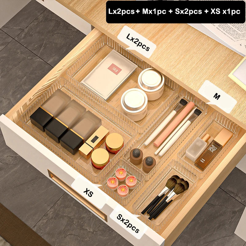 Plastic Transparent Cosmetics Storage Boxes Set Stackable Vanity Bathroom Makeup Organizer Bin Desktop Drawer Organizer