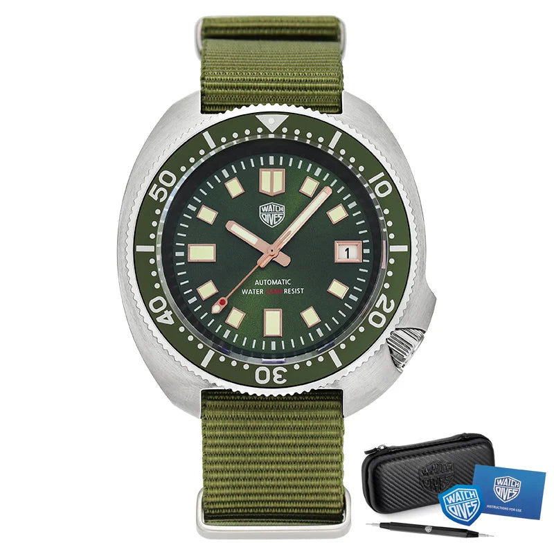 Watchdives WD6105 Retro Diver Watch NH35 Movement 300M Waterproof Sapphire Crystal Wristwatch Super C3 Green Luminous Watches