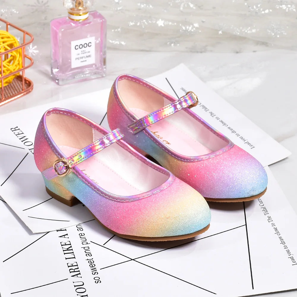 Girls' Leather Princess Shoes 2023 Children's Shoes Round-Toe Soft-Sole Girls High Heel Princess Crystal Party Dance Shoes