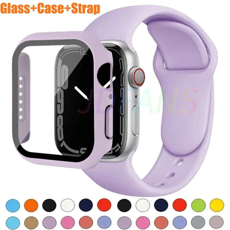 Glass+Case+Strap for Apple Watch Band 42mm 44mm 41mm 40mm 38mm 45mm 49mm Screen Protectors for Apple IWatch Series 8 7 6 SE 5 4
