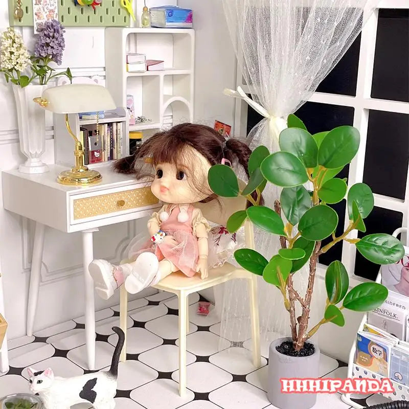 1/6 Dollhouse Miniature Mini Tree Potted For Green Leafed Plant In Pot Doll House Home Garden Decor Simulation Potted Plants