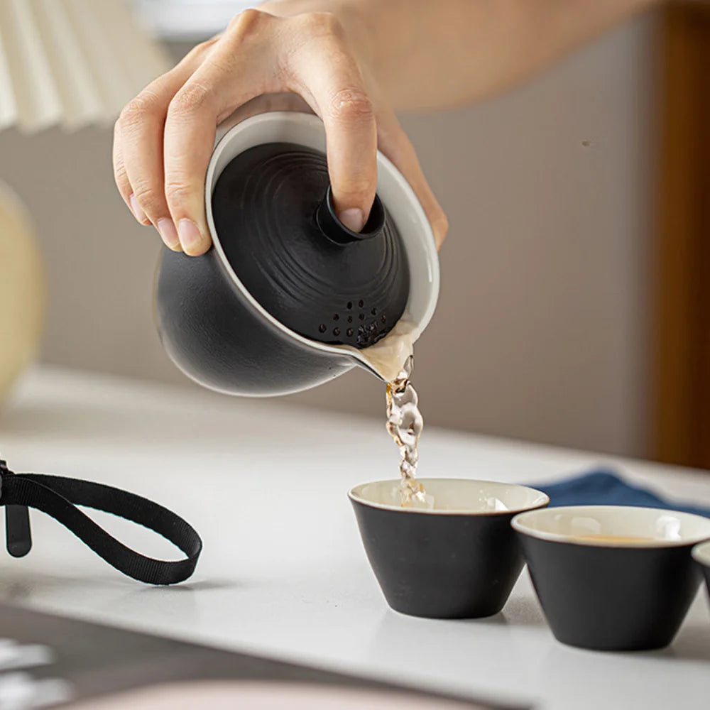 1 Set Portable Teacup Set Travel Kit Ceramic Kung Fu Teaware Ceramic Outdoor Camping Adults Chinese One Tea Pot Three Cups Gift