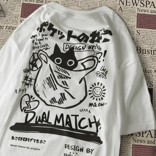 Men Women Cartoon T-Shirts Harajuku Kawaii Cat Printed Short Sleeve Tees Couple Streetwear Clothes Y2K Tops Graphic T Shirts