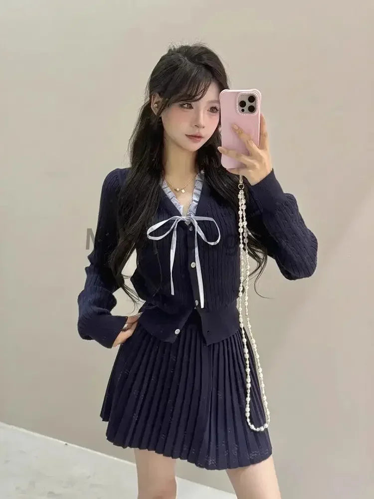 Vintage High Street V-neck 2-piece Set Women Korean Fashion Long Sleeve Knit Bow Pullover Female + Thin Solid Short Skirt Suit