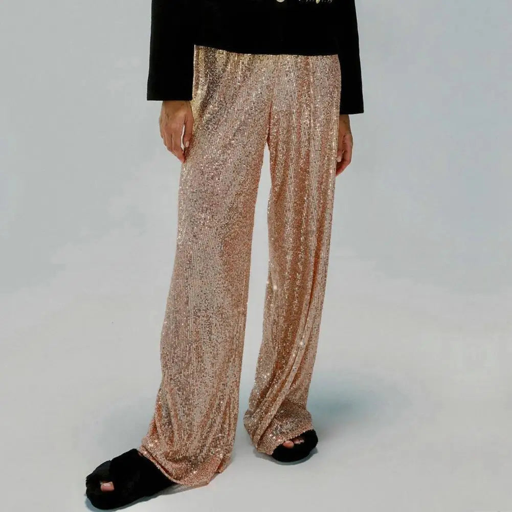 High-waisted Sequin Pants Sequin Embellished Wide Leg Pants for Women Mid-rise Elastic Waist Trousers with Shiny for Women