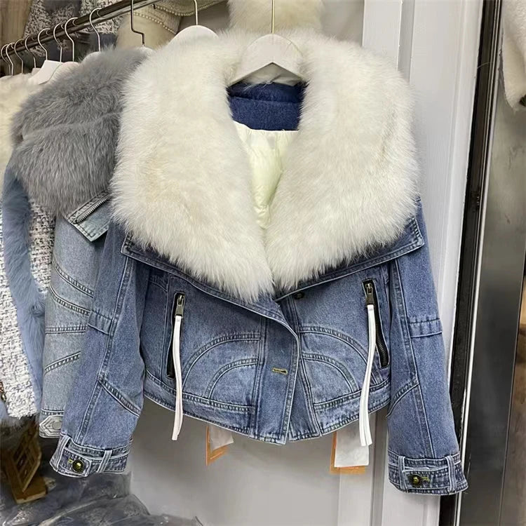 Womens Coats Winter 2024New Natural Real Fox Fur Collar removable Luxury Goose Down Puffer Jackets Clothing Short Denim Jacket