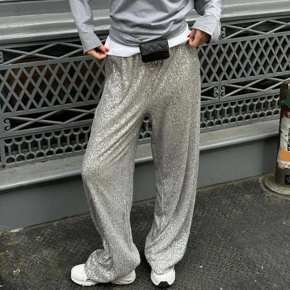 High-waisted Sequin Pants Sequin Embellished Wide Leg Pants for Women Mid-rise Elastic Waist Trousers with Shiny for Women