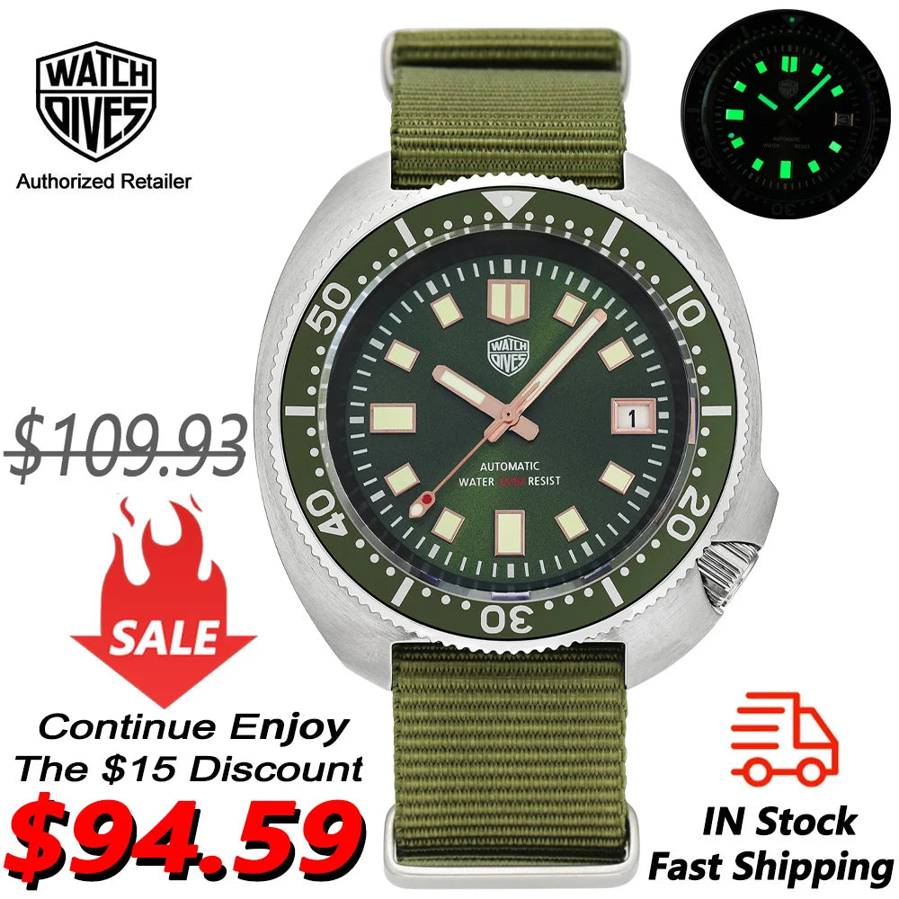 Watchdives WD6105 Retro Diver Watch NH35 Movement 300M Waterproof Sapphire Crystal Wristwatch Super C3 Green Luminous Watches
