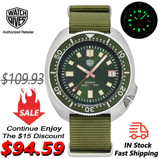 Watchdives WD6105 Retro Diver Watch NH35 Movement 300M Waterproof Sapphire Crystal Wristwatch Super C3 Green Luminous Watches