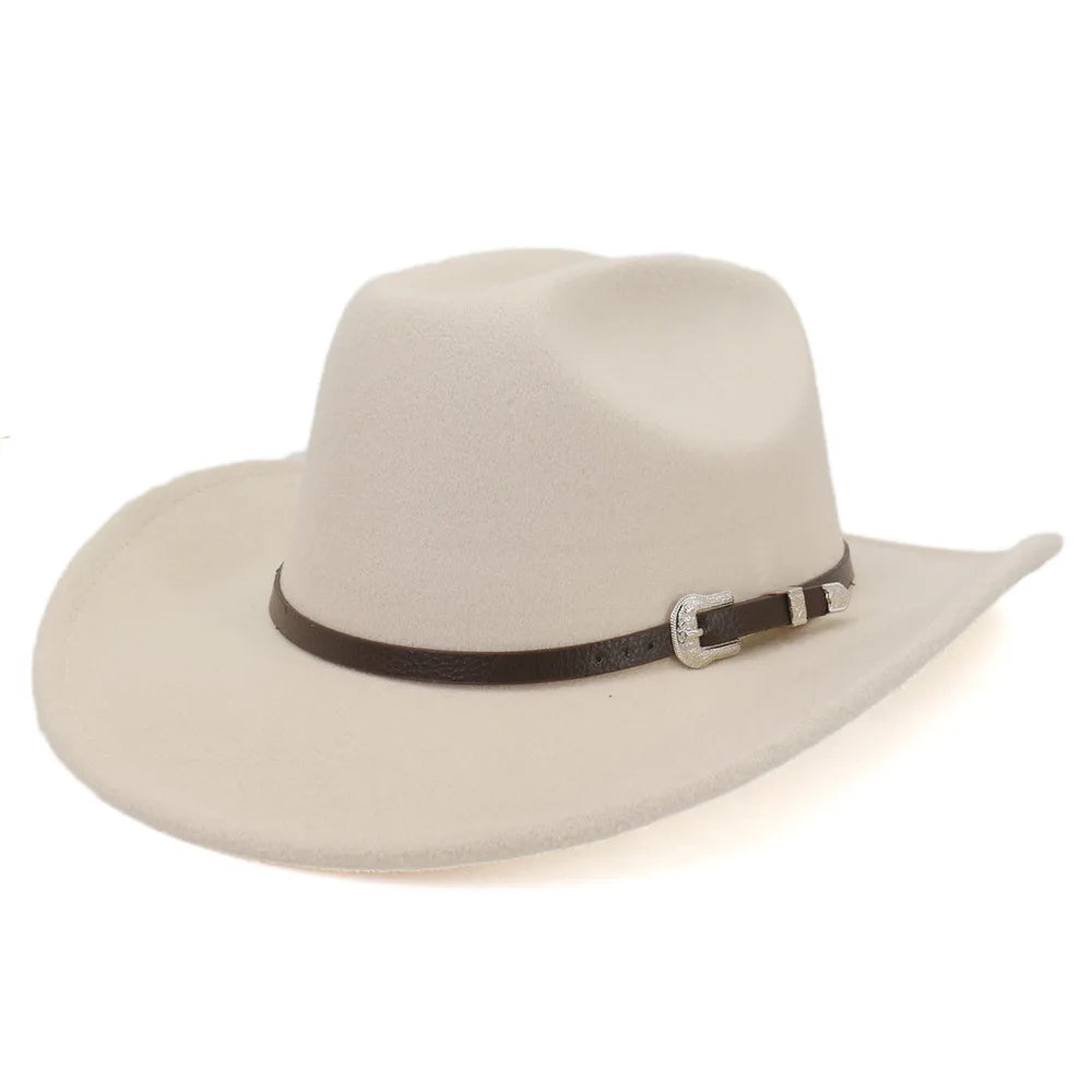 Vintage Western Cowboy Hat with Black Belt Men's Felt Fedora Hat Women Jazz Cowgirl Cap Cloche Church Sombrero Hombre Caps