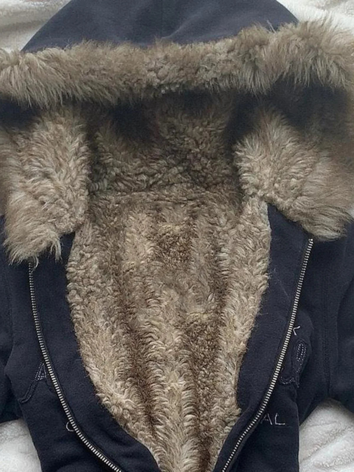 Retro Fur Collar Letter Embroidered Black Zipper Hoodie Women Y2K Street Millennial Hot Girl Slim Warm Harajuku Casual Jacket