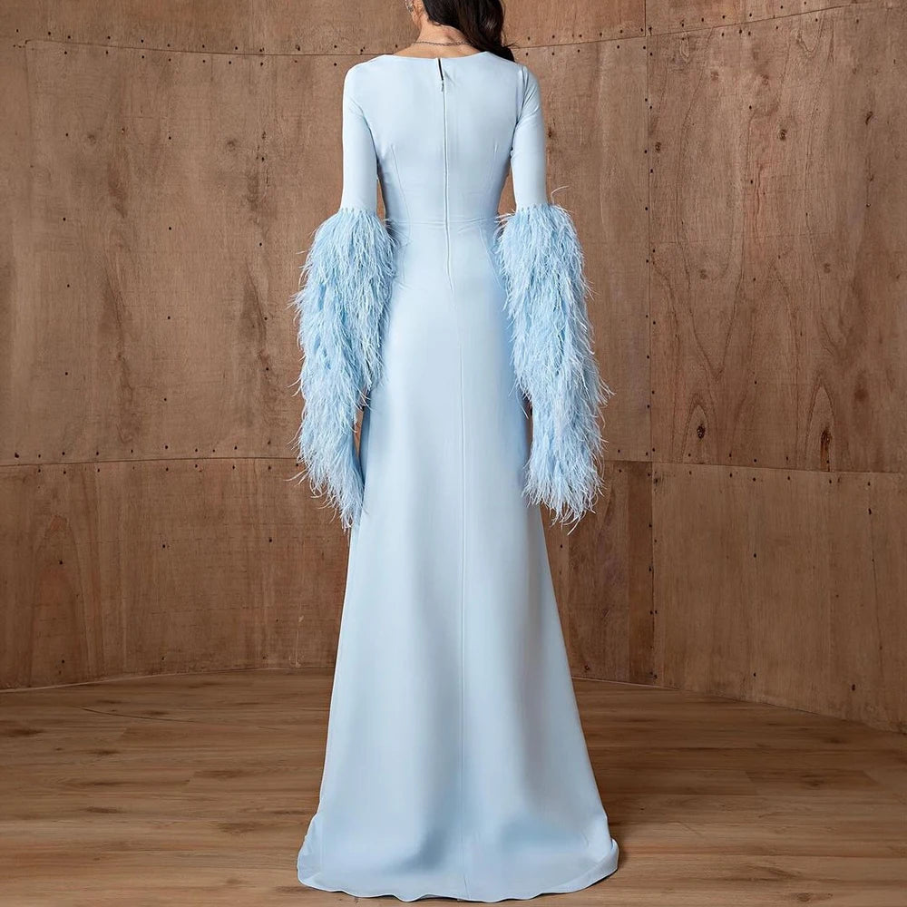 Elegant Feathers Light Blue Evening Dress Luxury Long Sleeve Floor Length Sweep Train Special Occasion Prom Dress Chic Gowns
