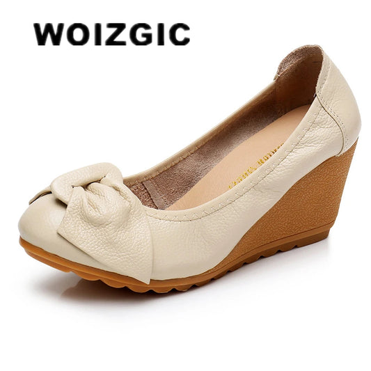 WOIZGIC Women Ladies Female Mother Woman's Genuine Leather Shoes Flats High Heels Slip On Summer Bow-knot Size 34-40 ZBM-A08