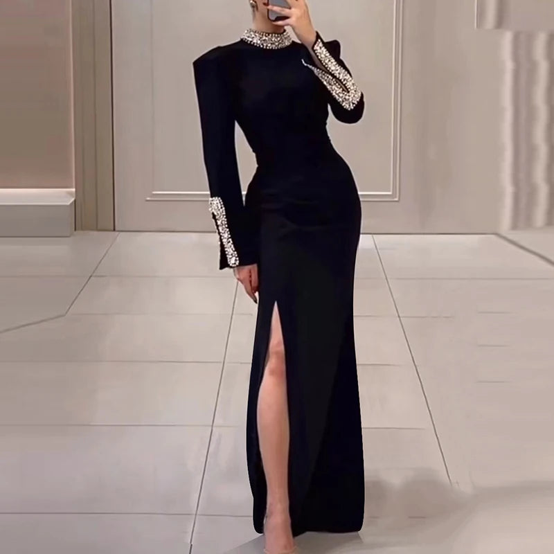 Luxury Elegant Slim Rhinestone Evening Dress 2025 New Women's Temperament Split Long Robe Sexy Bodycon Long Sleeve Banquet Dress