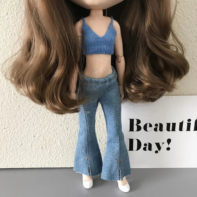 1Pcs Blythe Doll Jeans Blue Flared Pants Slacks Retro Denim Casual Sweatpants for Blyth Barbie Licca Pullip 1/6 Dolls Clothes