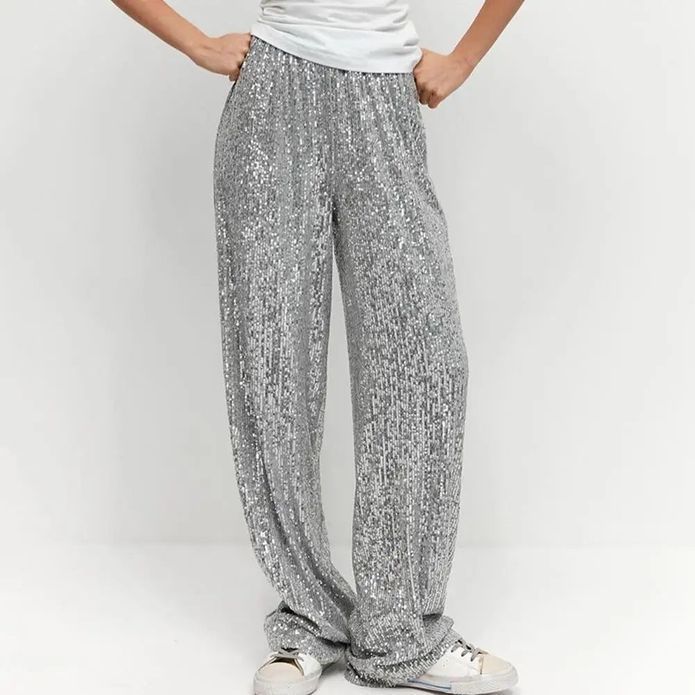 High-waisted Sequin Pants Sequin Embellished Wide Leg Pants for Women Mid-rise Elastic Waist Trousers with Shiny for Women