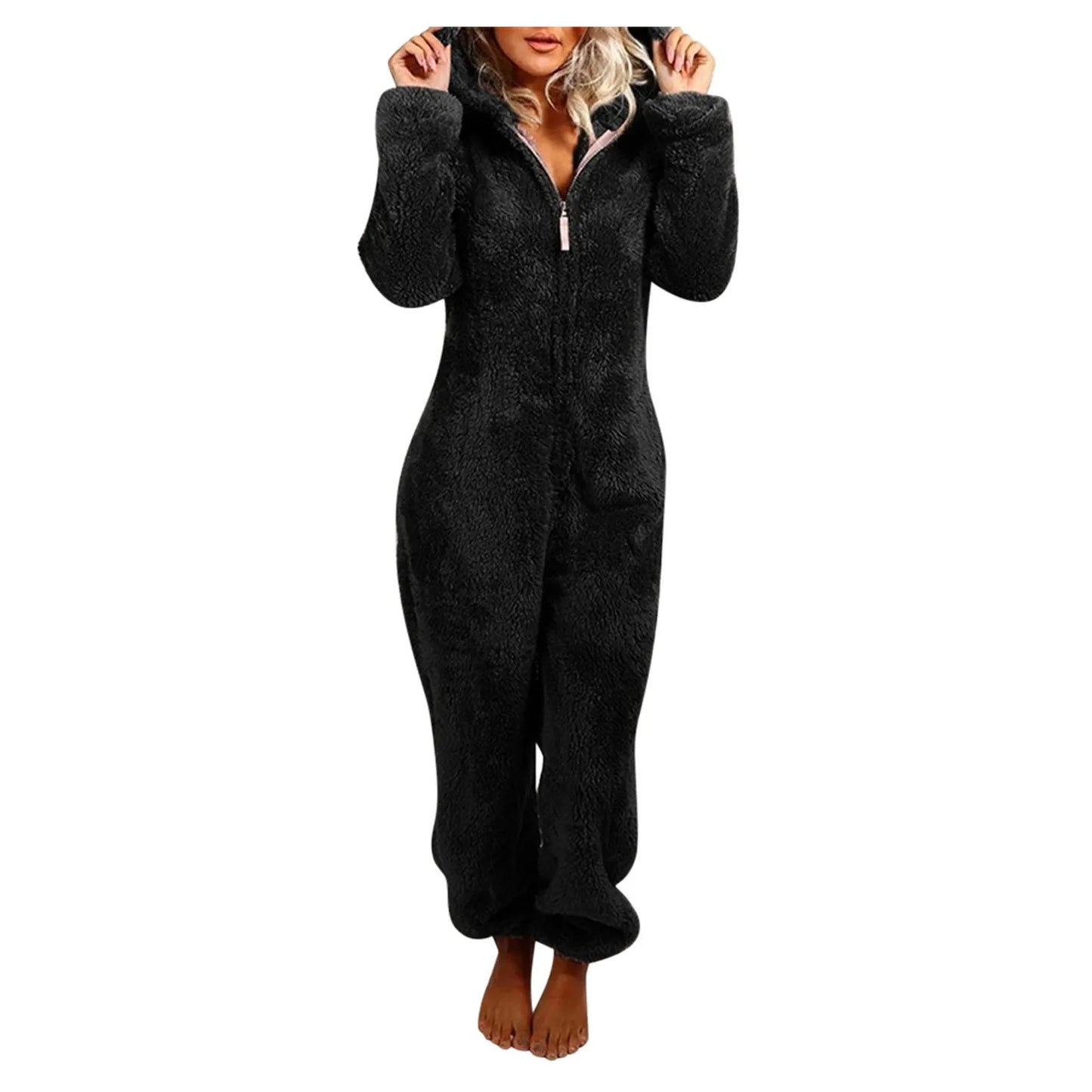 Winter Warm Sleepwear Home Clothes Cute Cat Ear Onesies Pyjamas Fluffy Fleece Hooded Jumpsuit Playsuit Pajama For Women Overalls