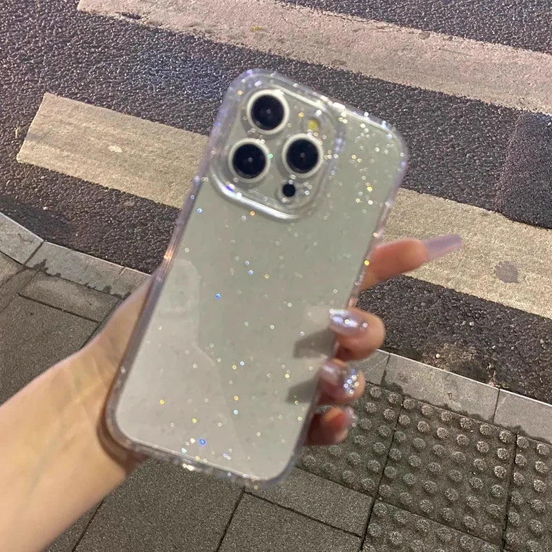 Soft Glitter Transparent Phone Case For iPhone 11 12 13 14 15 16 Pro Max Plus Shockproof Silicone Clear Bumper Cover