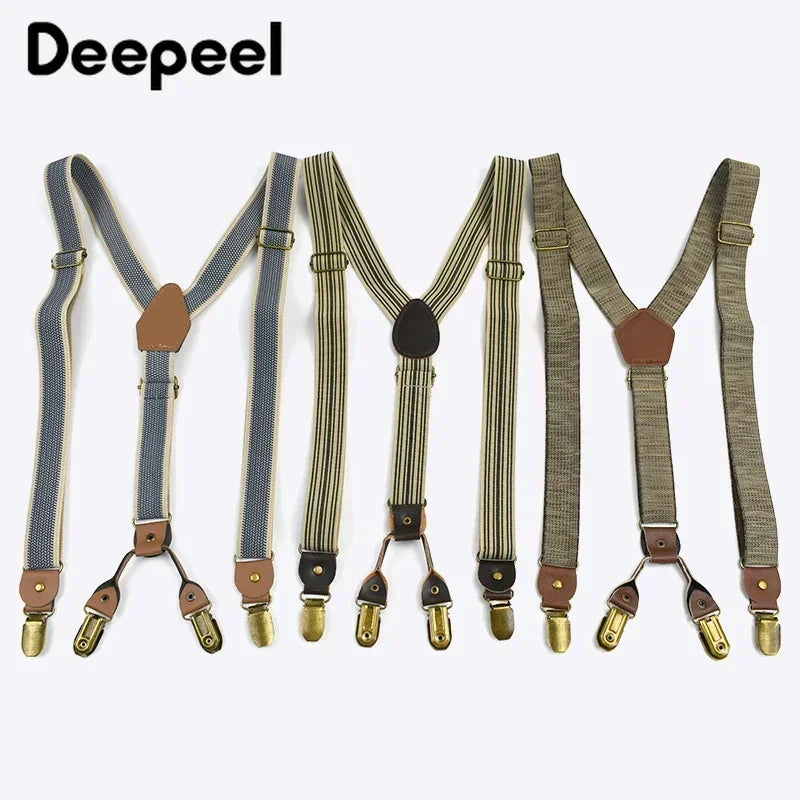 2.5cm Retro Elastic Mens Suspenders Unisex 4 Clips Y-Type Stripe Strong Strap Wide Braces Male Jockstrap Casual Men's Suspender